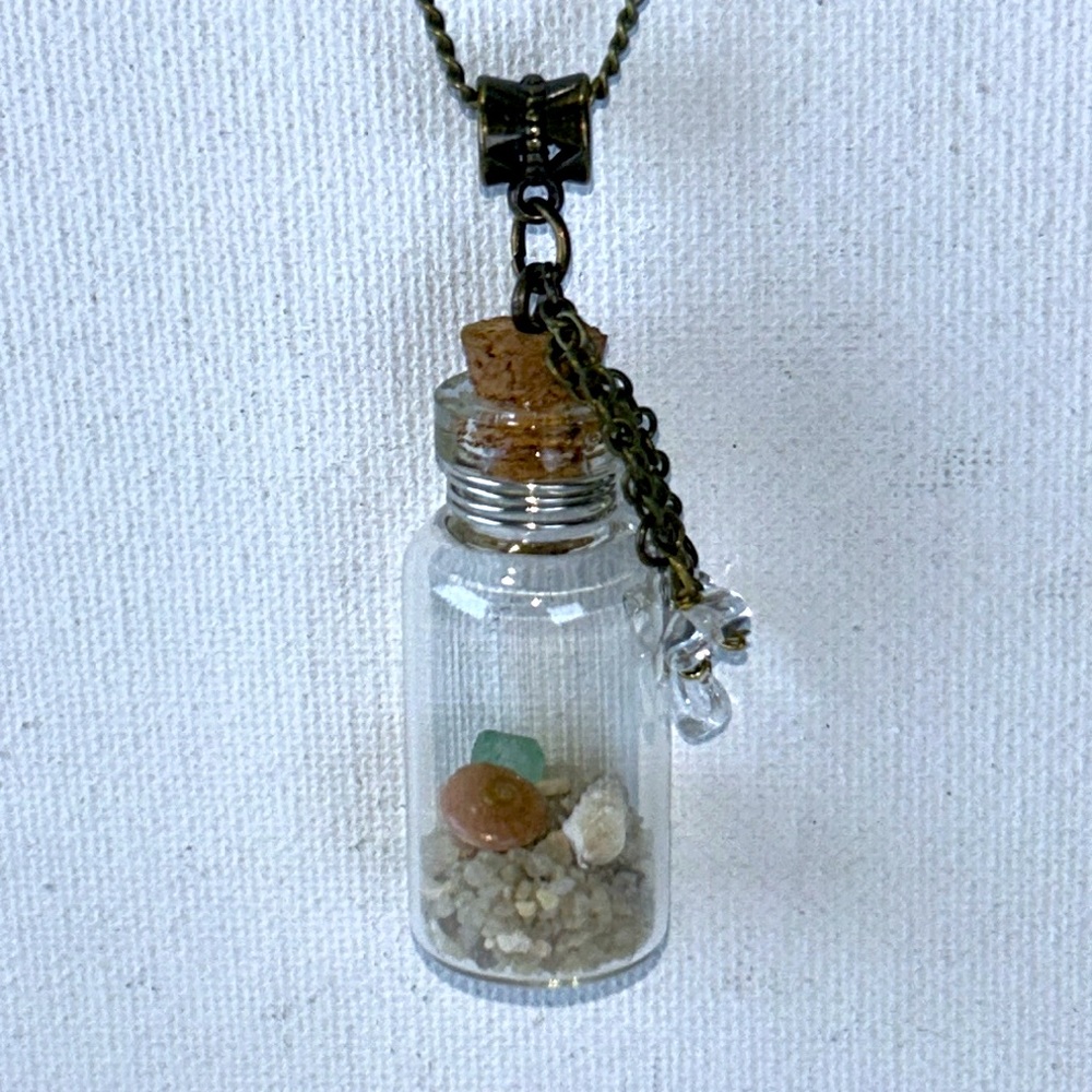 Artisan Handmade Beach in a Bottle Sea Shell Sea Glass Bronze Chain Necklace